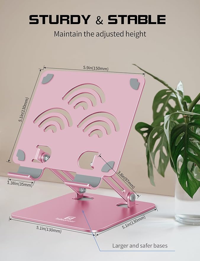Adjustable Tablet Stand for Desk, Premium Aluminum Holder for iPads, Tablets, Kindles, Switch, Phones, and All Devices up to 12 Inches. Portable and Foldable, Pink, Pro Size
