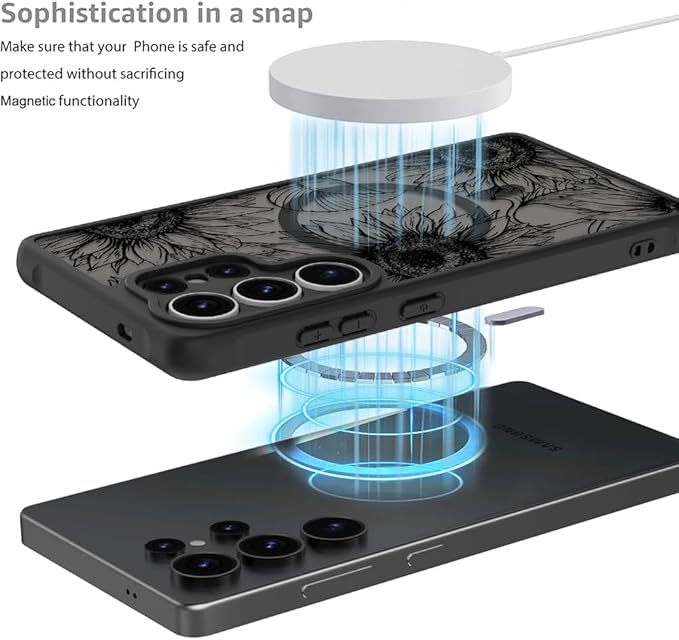 Fiyart Designed for Samsung Galaxy S25 Ultra Case Matte Flowers Design Compatible with MagSafe,Cute Sunflowers Anti-Scratch Translucent Phone Cover for Women Girls 6.8"-Black