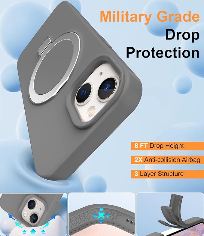 ZHK Liquid Silicone Designed for iPhone 15 Case with Magnet Stand, [Mil-Grade Drop Shockproof][Soft Anti-Scratch Microfiber Lining] Slim Fit Cover, Grey
