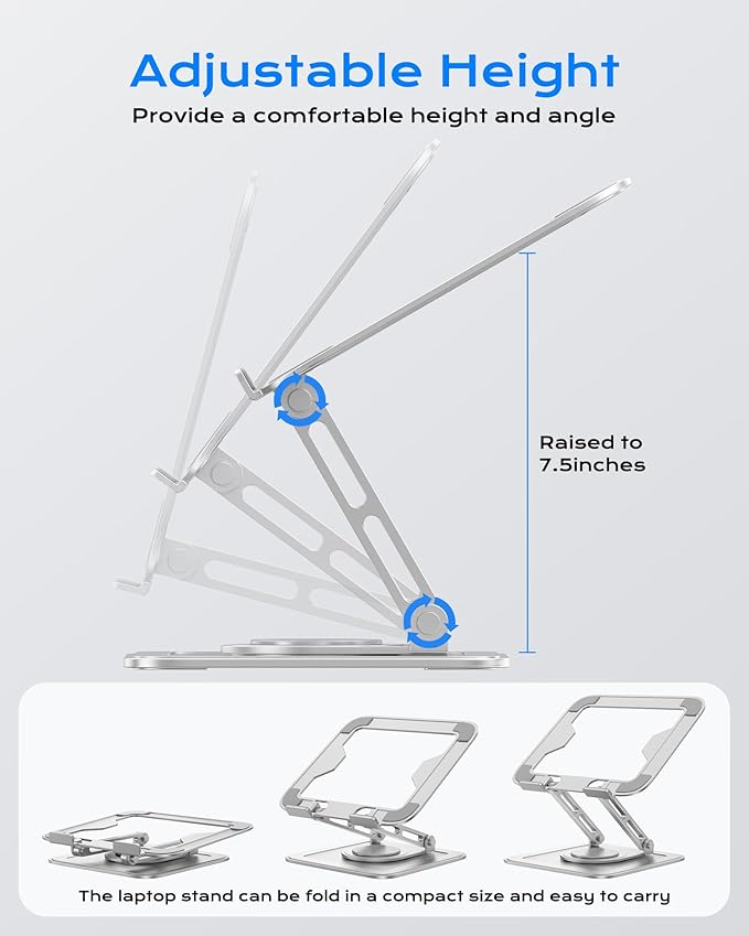 Adjustable Laptop Stand, Computer Stand with 360 Rotating Base, Ergonomic Laptop Riser Mount for Desk Foldable Protable Computer Desk Fits with MacBook Pro Air (10-16") - White