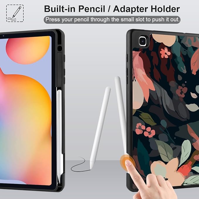 DONGKE Case for Samsung Galaxy Tab S6 Lite 10.4 Inch 2024/2022/2020, Trifold Stand + S Pen Holder + Auto Wake/Sleep + Soft TPU Protective Stand Back Cover, Painted Florals
