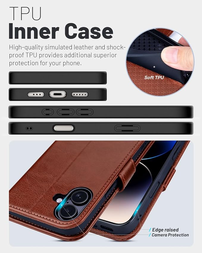 OCASE Compatible with iPhone 16 Wallet Case, PU Leather Flip Folio Case with Card Holders RFID Blocking Kickstand [Shockproof TPU Inner Shell] Phone Cover 6.1 Inch 2024, Dark Brown
