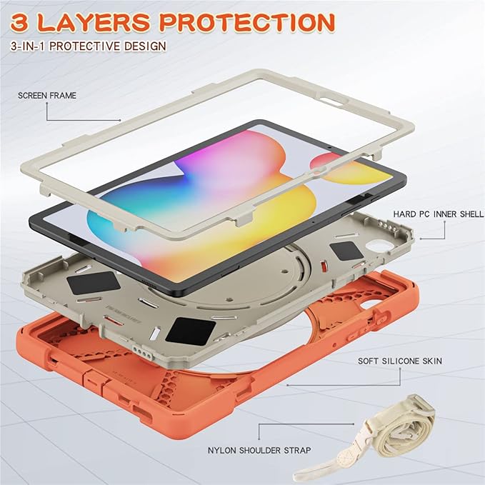 360 Rotation Case for Samsung Galaxy Tab S6 Lite 10.4" Sturdy Cover Rotate Ring Stand Shoulder Carrying Strap Hand Strap Rugged Children Adults Outdoor Case (Orange)