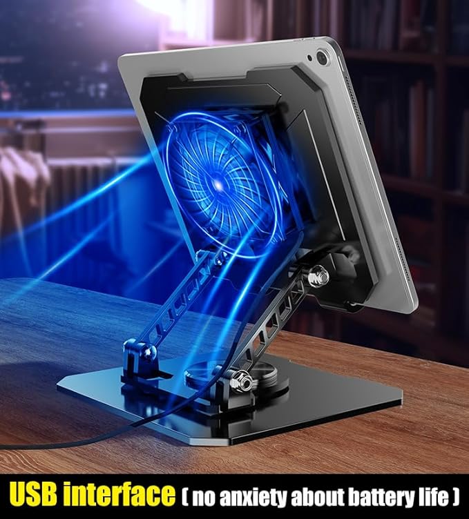 360° Rotating Tablet Desk Stand Holder with USB Cooler，Carbon Steel Frame Dual Rod Mount Support for iPad Pro 13 12 11 Air Mini 5 4 3 Samsung Tab E-Reader (Silver with Built-in Cooler)