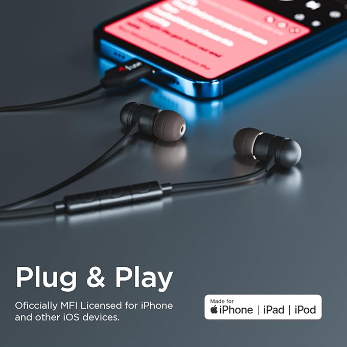 iJoy Fuse Wired Earbuds with Lightning Connector Headphones with Microphone, Noise Cancelling Earphones, Noise Cancelling Headset for Workout, Running, Gym (Black w/MFI Connector)