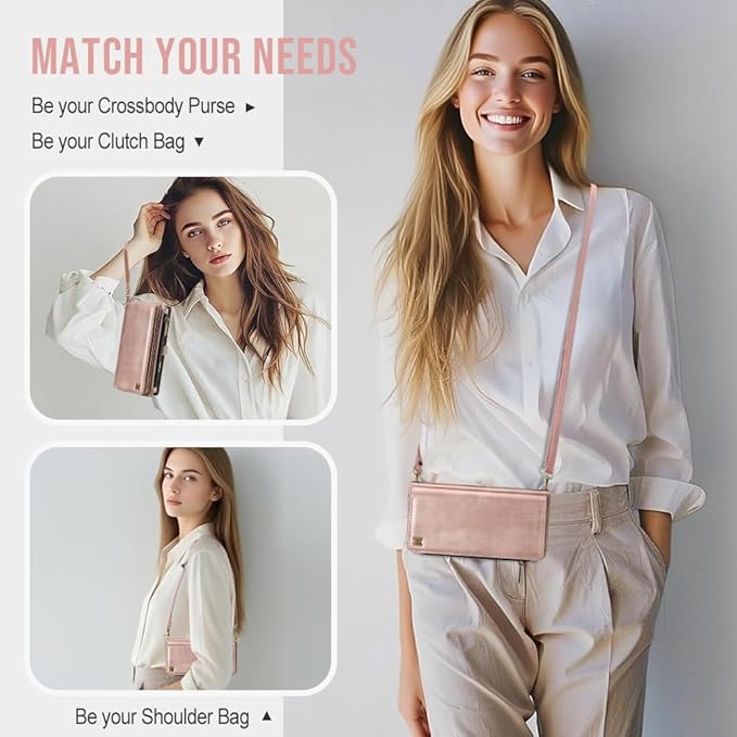 for iPhone 17 Pro Wallet Phone Case with 7 Card Holder,RFID Blocking | PU Leather | Kickstand | Flip | Wrist Strap&Shoulder Strap | Shockproof | Zipper Wallet | Women Men | 6.3" | Rose Gold