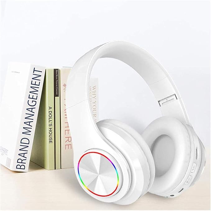 Bluetooth Over Ear Headphones, Deep Bass Colorful LED Lights Headphones with Mic, Lightweight Wireless Foldable HiFi Stereo Kids Headset for School Classroom/Home Travel/Office/PC/Cell Phone-White
