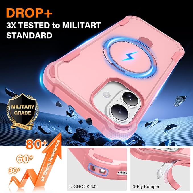 Designed for iPhone 16 Case with Magnetic Stand [Military Drop Protection][Compatible with Magnet] Shockproof 16 Phone Case with Ring Holder, Pink