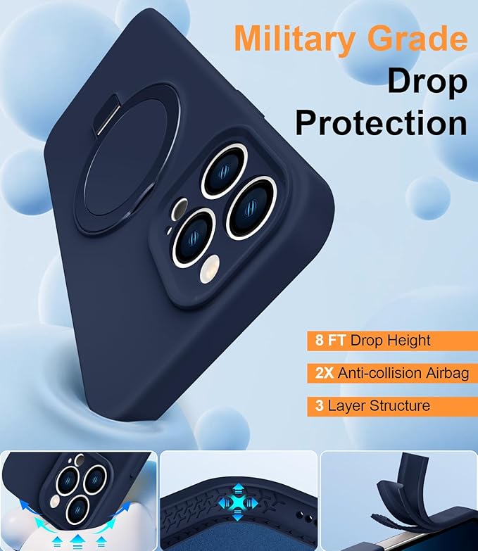 ZHK Liquid Silicone Designed for iPhone 15 pro Case with Magnet Stand, [Precise Camera Lens Protection][Mil-Grade Drop Shockproof][Soft Anti-Scratch Microfiber Lining] Slim Fit Cover, Navy Blue