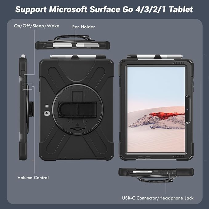 DreamerX for Microsoft Surface Go 4/3/2/1 Case (2023/2021/2020/2018), Heavy Duty Military Grade Rugged Shockproof Kids Friendly Drop Protection Cover w/Rotating Stand Hand Strap Shoulder Strap, Black