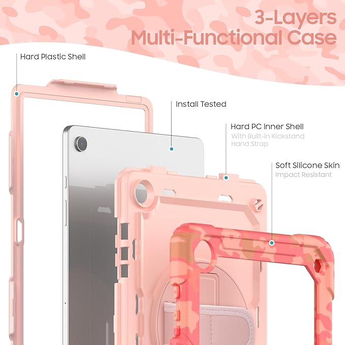 Case for Samsung Galaxy Tab A9+/ A9 Plus Case 11" 2023, Heavy Duty Shockproof Protective Case with Screen Protector, Hand Strap, Shoulder Strap, 360° Rotating Stand Camo Pink