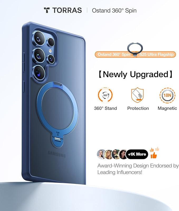 TORRAS 360° Spin Magnetic Stand for Samsung Galaxy S25 Ultra Case, Fit for Magsafe, Mil-STD Slim Protective S25 Ultra Case with Kickstand Rotatable, Aesthetic for Women Men, Ostand Spin, Navy Blue