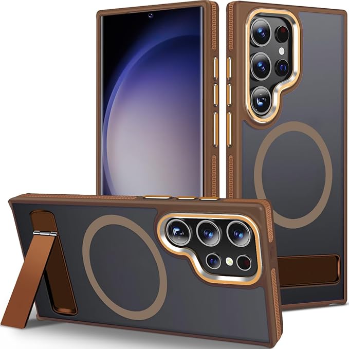 Case for Samsung Galaxy S24 Ultra, Compatible with Magsafe, [Invisible & Adjustable Stand] for Matte Translucent Cover, Anti-Slip Shockproof Slim Phone Case for Galaxy S24 Ultra (Brown)