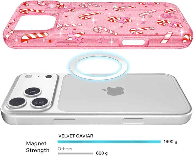 VELVET CAVIAR Case for iPhone 17 Pro | Compatible with MagSafe | 10ft Drop Tested | Protective Christmas Cases | Pink Peppermint Glitter