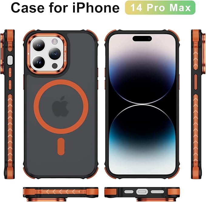 Magnetic for iPhone 14 Pro Max Case Orange with MagSafe Wireless Charging Heavy Duty Military-Grade Shockproof Protection Adjustable Kickstand Slim Matte Anti-Fingerprint Cover Men Women