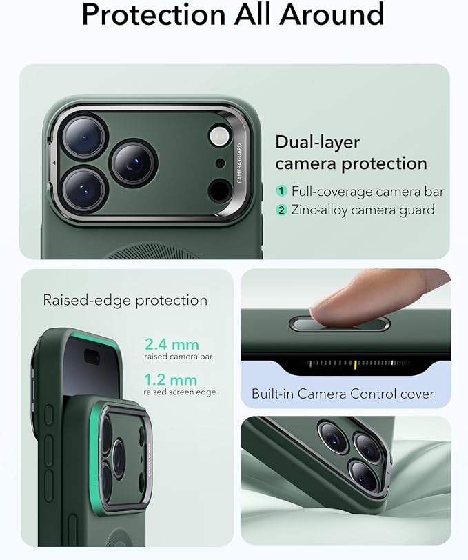 ESR Silicone Case for iPhone 17 Pro Max, Built-in Camera Stash Stand Compatible with MagSafe, Military-Grade Drop Protection Magnetic Phone Case for iPhone 17 Pro Max, Cloud Series, Olive Green