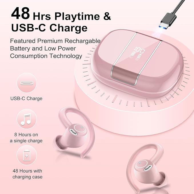 Wireless Earbuds Bluetooth 5.3 Headphones Sports, 48Hrs Playtime Bluetooth Earbuds with CVC 8.0 Mic, 2025 Stereo Bass Over Ear Bud with Earhooks, LED Display, IP7 Waterproof Earphon for Running Rose