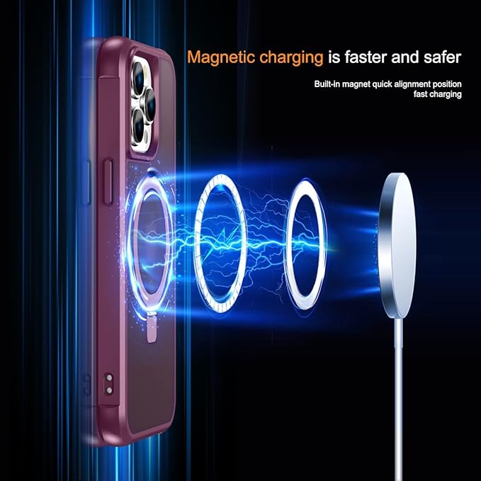 Magnetic Compatible with iPhone 13 Pro Max Case with Stand [Military Grade Drop Tested][Compatible with Magnet] Ring Translucent Slim Hard Back Soft Edge, Wine Red