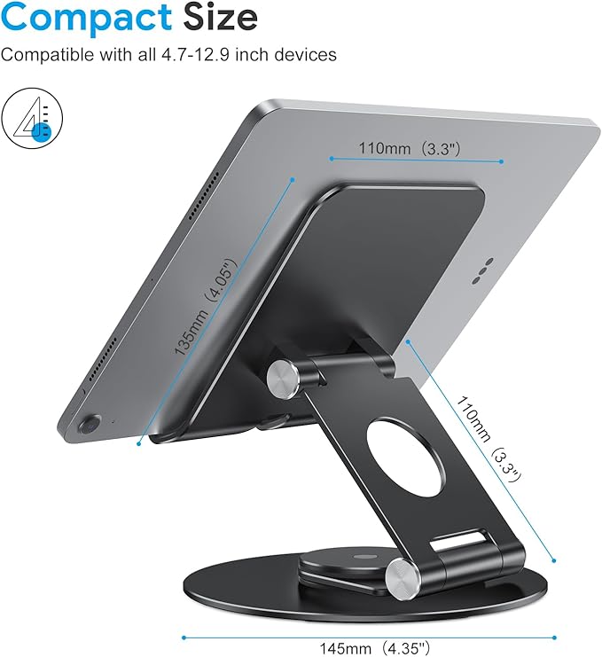 OMOTON Swivel Tablet Stand for iPad with 360 Rotating Base, Foldable Adjustable Holder for Drawing, Compatible with iPad Pro/Air/Mini and More, Black Gray