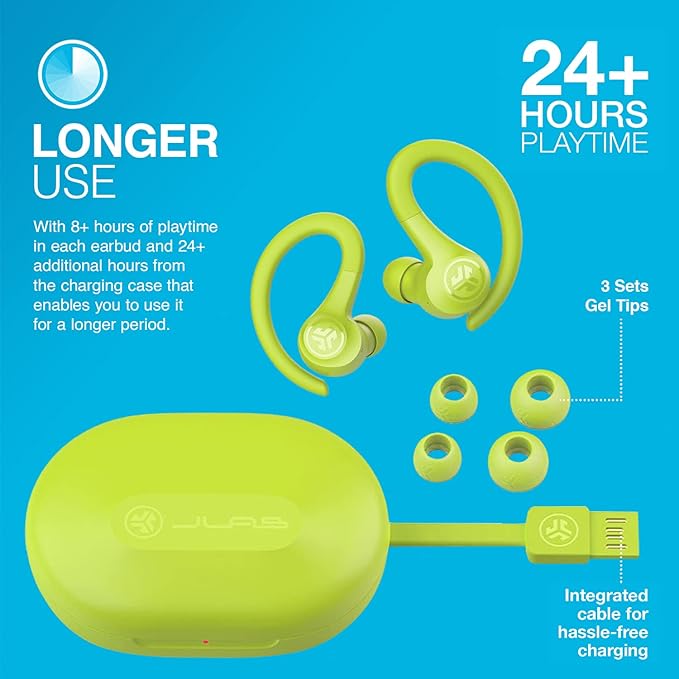 JLab Go Air Sport True Wireless Earbuds, Yellow, Featuring C3 Clear Calling, Secure Earhook Sport Design, 35+ Hour Bluetooth Playtime, and 3 EQ Sound Settings