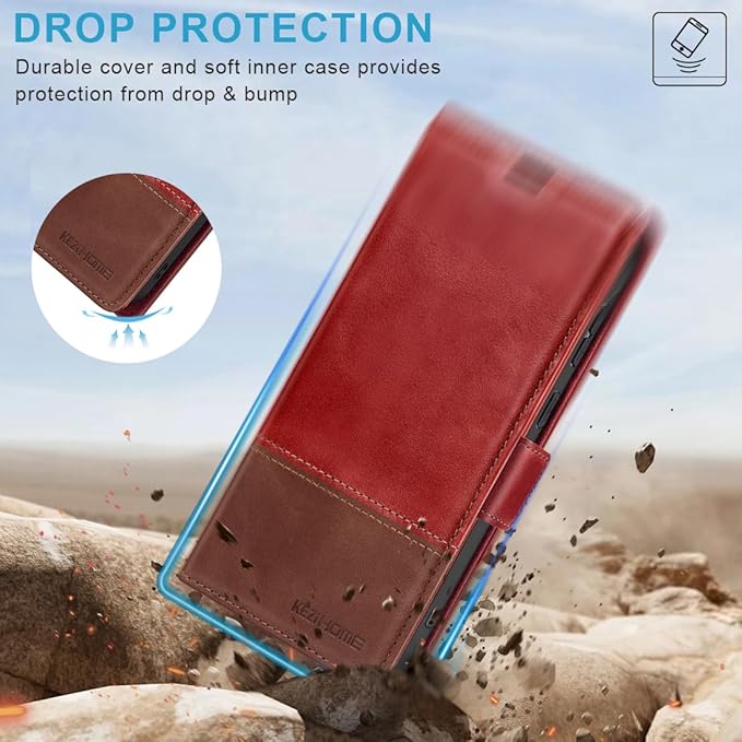 KEZiHOME for Samsung Galaxy S24+ Plus 5G Case, Galaxy S24 Plus Wallet Case, Genuine Leather Flip Cover Stand RFID Blocking Card Holder Magnetic Compatible with Samsung S24 Plus 5G (2024) (Red/Brown)