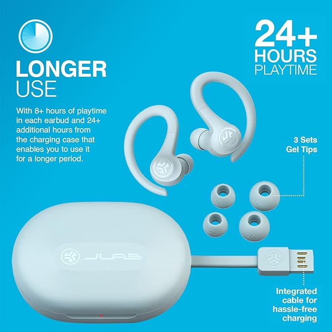 JLab Go Air Sport True Wireless Earbuds, Light Blue, Featuring C3 Clear Calling, Secure Earhook Sport Design, 32+ Hour Bluetooth Playtime, and 3 EQ Sound Settings