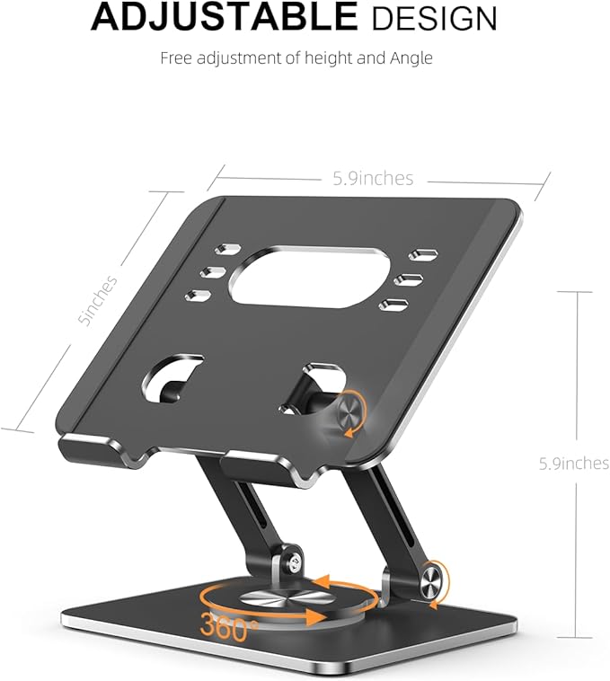 Tablet Stand Holder with Thickened 360°Rotating Base Dual Rod Adjustable Aluminum Stand for All 5.8-12.9” iPad Samsung Phone Tablet Kindle E-Reader and More, Black