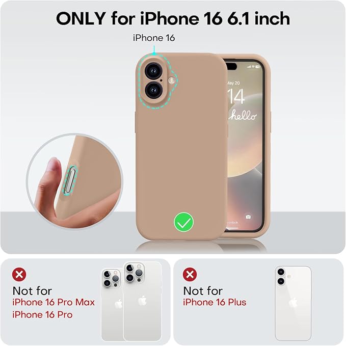 Vooii Compatible with iPhone 16 Case, Liquid Silicone Upgrade [Camera Protection] [Soft Anti-Scratch Microfiber Lining] Shockproof Phone Case for iPhone 16 6.1 inch - Light Brown