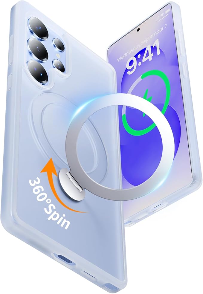 for Samsung Galaxy S25 Ultra Case,Compatible with Magsafe [Wireless Charging],with 360°Rotatable Magnetic Ring Stand,Matte Translucent Slim Soft Edge Phone Kickstand,Frosted White