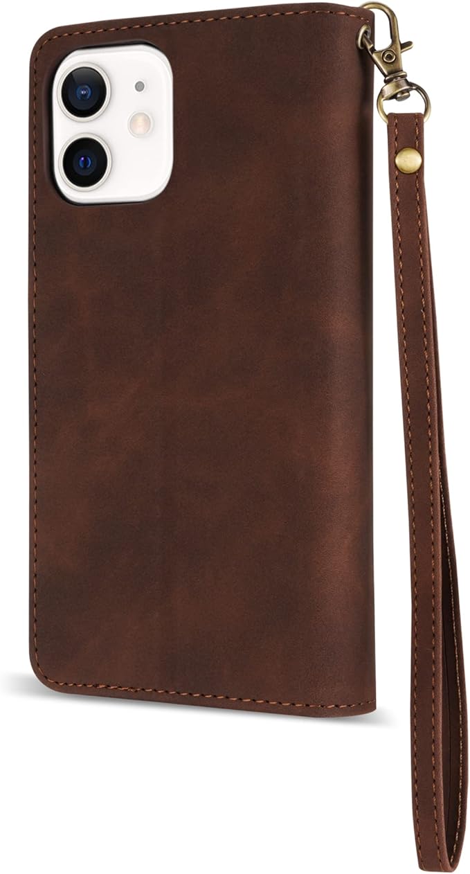 ZZXX iPhone 12 Pro Wallet Case with Card Slot, Premium Soft PU Leather Zipper Folio with Wrist Strap Kickstand Protective for iPhone 12 (Coffee 6.1 inch)