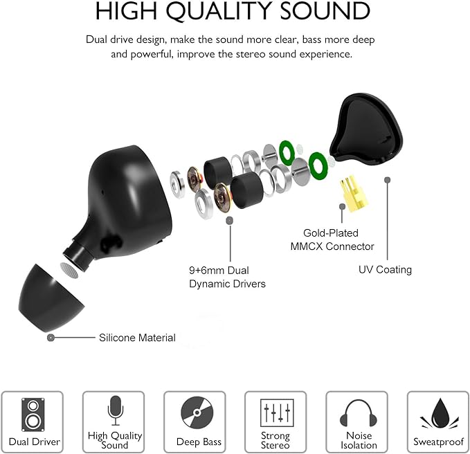 in Ear Monitor Headphones, HiFi Stereo IEM Earphones, Dynamic Dual Driver Wired Earbuds with Detachable Cable, Noise Canceling Headset for Singers Musicians Drummers Audiophile (Black)