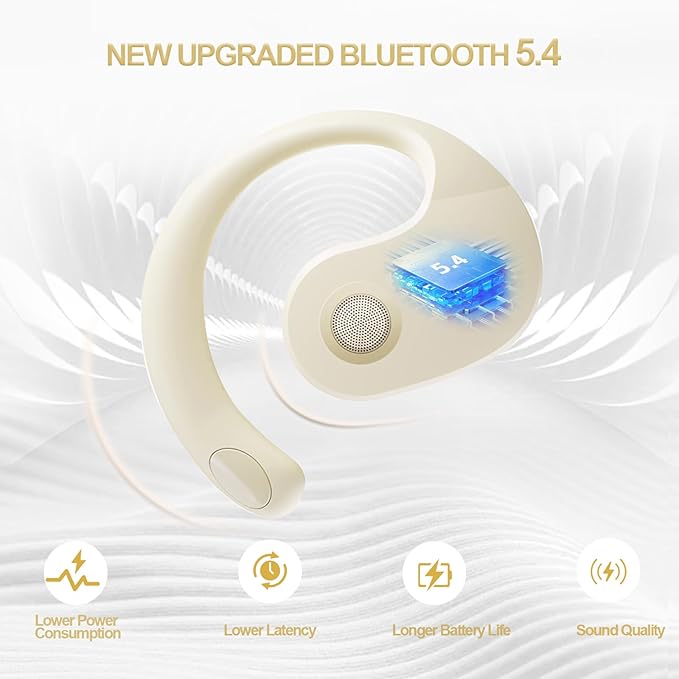 Open Ear Headphones Wireless Bluetooth 5.4, Air Conduction Wireless Bluetooth Earphone, OWS Hanging Earphones with Earhooks and Mic, Open Ear Earbuds IPX5 Waterproof for Sports Gaming Driving(Khaki)