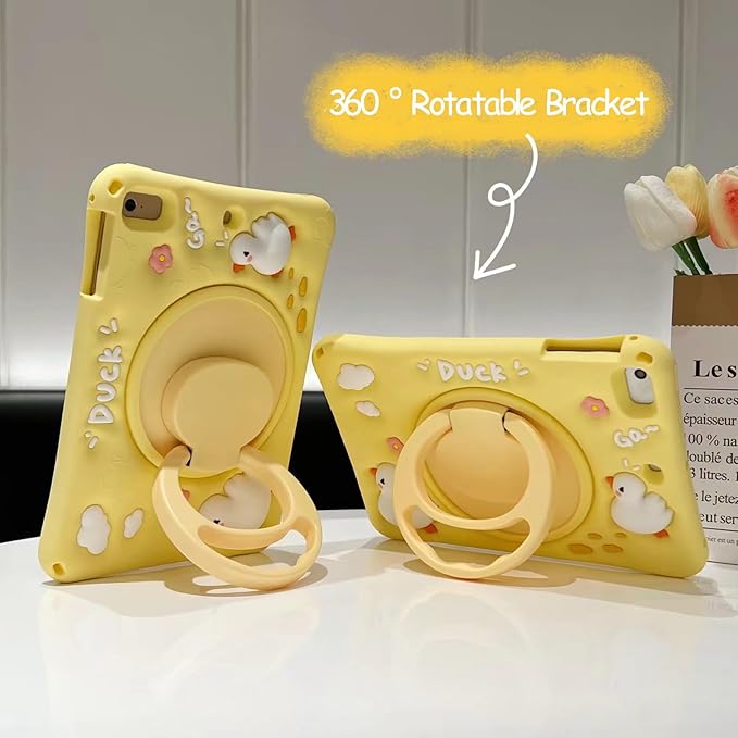 3D Cute Press Duck Case for Samsung Galaxy Tab A8 10.5 inch 2022 SM-X200/X205/X207,Kawaii Cartoon Character Duck Soft Silicone Rotating Stand Case with Lanyard for Kids Teens Girls Women