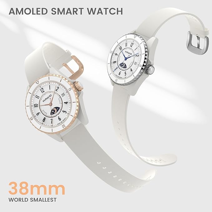 KAVVO Oyster Mini 38mm Bluetooth Smartwatch for Women, 1.1'' Delicate AMOLED Always-On Display, Rotating Bezel, Fitness Tracker with Female Health, Heart Rate Blood Oxygen Monitor(Ceramic White)