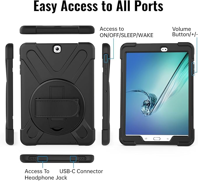 Galaxy Tab S2 9.7 Case - Dropproof Shockproof Heavy Duty Tablet Cover Rotatable Kickstand Handle Stand Hand Strap Shoulder Belt Carrying Case for Samsung SM-T810/T813/T815/T817/T818/T819 9.7" Black