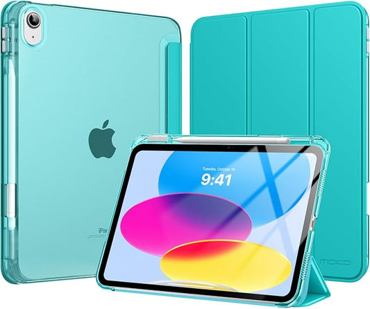 MoKo for iPad (A16) 11th Generation Case 11 Inch 2025, iPad 10th Generation Case 10.9 Inch 2022 with Pencil Holder, Slim Light Trifold Protective Cover with Hard PC Translucent Back Shell, Bondi Blue