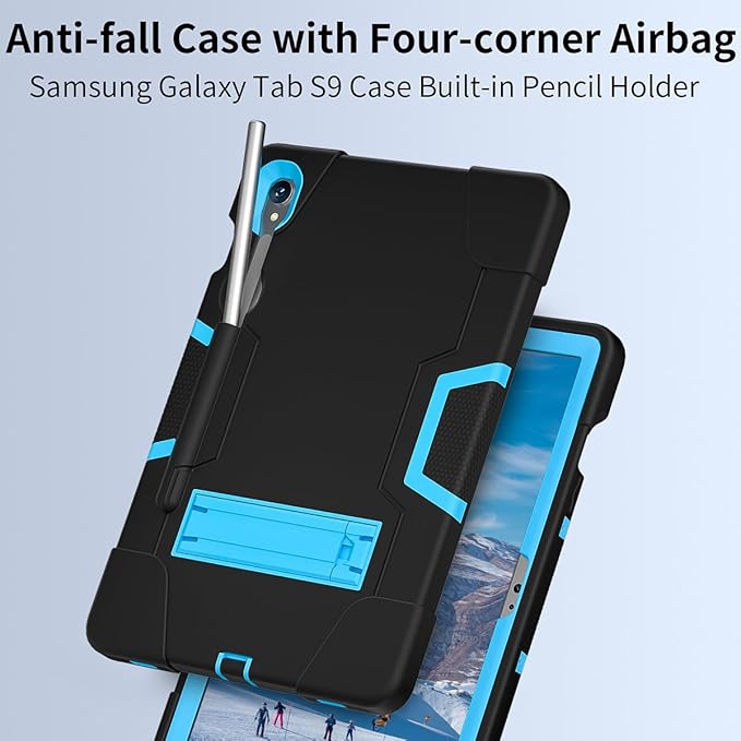 Case for Galaxy Tablet S10 FE 10.9" / S9 FE / S9 11" 2023, Soft Silicone & Hard Pc 3-Layer Military Protector Cover for Tab S10 FE /S9 FE/ S9 /S8 /S7 with S-Pen Holder Stand Black+Blue