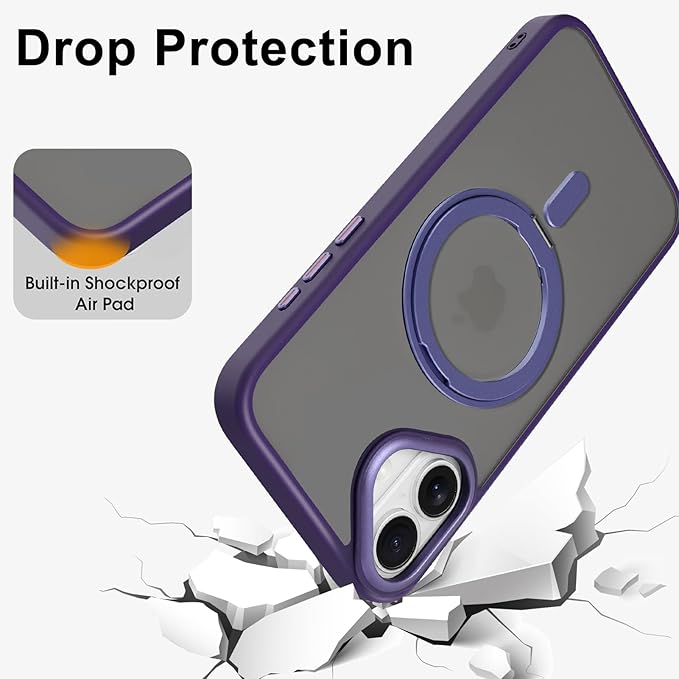 ZIYE Magnetic Case for iPhone 16 Plus Case with Stand [Compatible with MagSafe] Slim Shockproof Military Grade Heavy Duty Cover with 360 Rotatable Ring Kickstand for Women Men, Translucent Purple