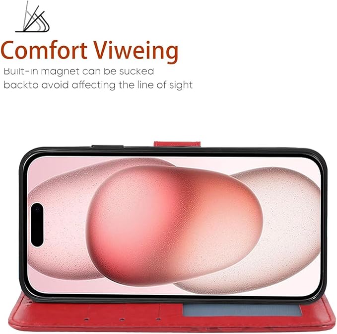 for iPhone 15 Case 6.1", Apple 15 Wallet Case with Tempered Glass Screen Protector, Flower Leather Flip Protective Case Credit Card Holder Stand Phone Cover for iPhone 15 Red