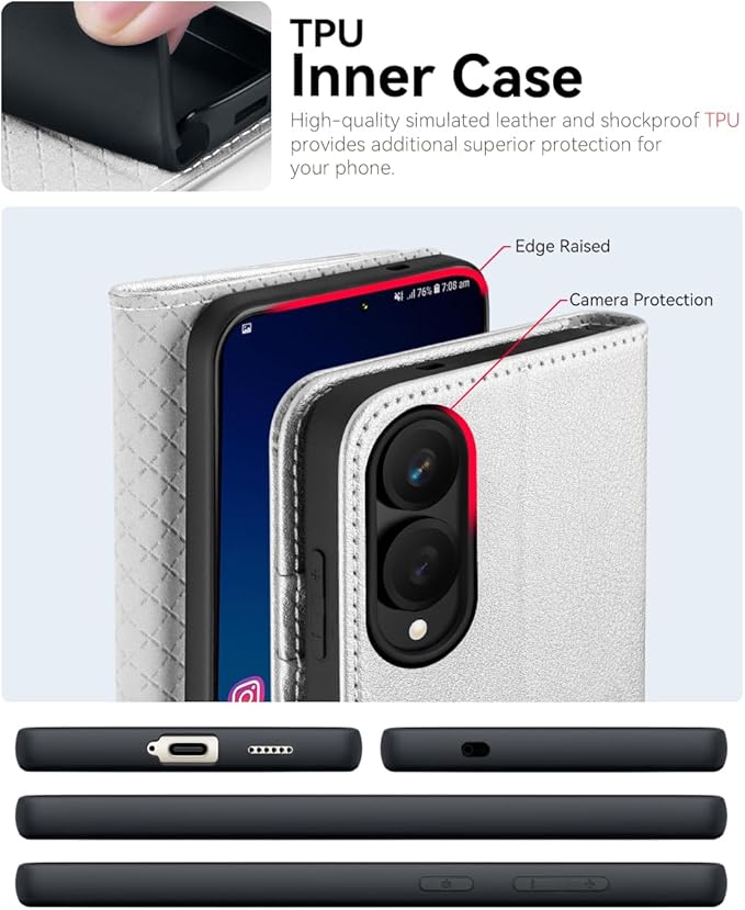 OCASE Compatible with Galaxy S25 Edge Wallet Case, PU Leather Flip Folio Case with Card Holders RFID Blocking Kickstand [Shockproof TPU Inner Shell] Protective Phone Cover 2025, Silvery