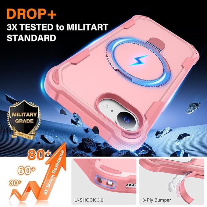Designed for iPhone 16E Case with Magnetic Stand [Military Drop Protection][Compatible with Magnet] Shockproof 16E Phone Case with Ring Holder, Pink