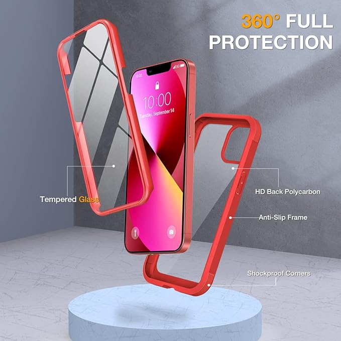 Miracase Glass iPhone 13 Mini Case 5.4 inch, 2023 Upgrade Full-Body Clear Bumper Case with Built-in 9H Tempered Glass Screen Protector for iPhone 13 Mini, Red
