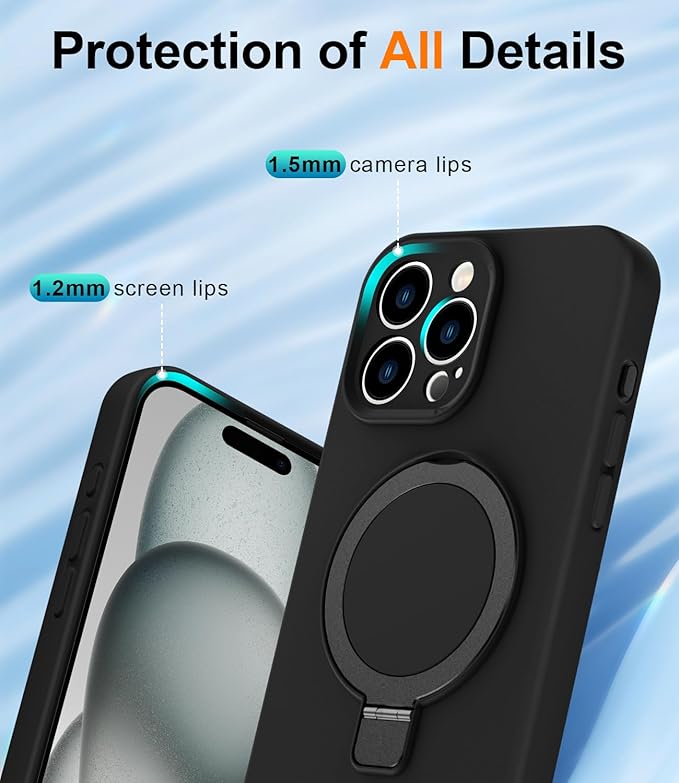 ZHK Liquid Silicone Designed for iPhone 15 pro max Case with Magnet Stand, [Precise Camera Lens Protection][Mil-Grade Drop Shockproof][Soft Anti-Scratch Microfiber Lining] Slim Fit Cover, Black