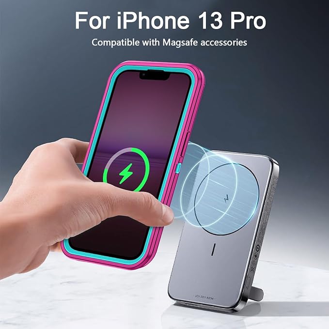 for iPhone 13 Pro Case [Compatible with MagSafe] Shockproof 3-Layer Full Body Protection Rugged Heavy Duty Cover Case for Apple iPhone 13 Pro 6.1 inch,Rose Red/Green