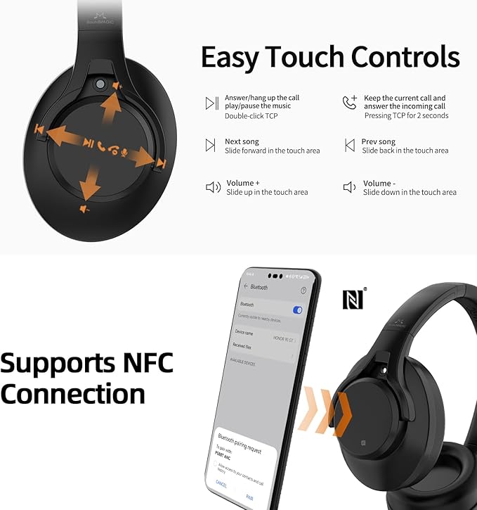 SoundMAGIC P58BT ANC Over Ear Active Hibrid Noise Cancelling Bluetooth Headphones, Black