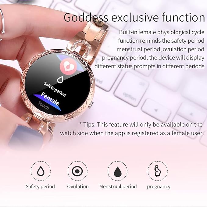 Smartwatch for Women Compatible for iPhone Samsung Android iOS Phones. Smart Bracelet with Female Menstrual Cycle Heart Rate Blood Pressure Remote Photography Waterproof Pedometer (Gold)