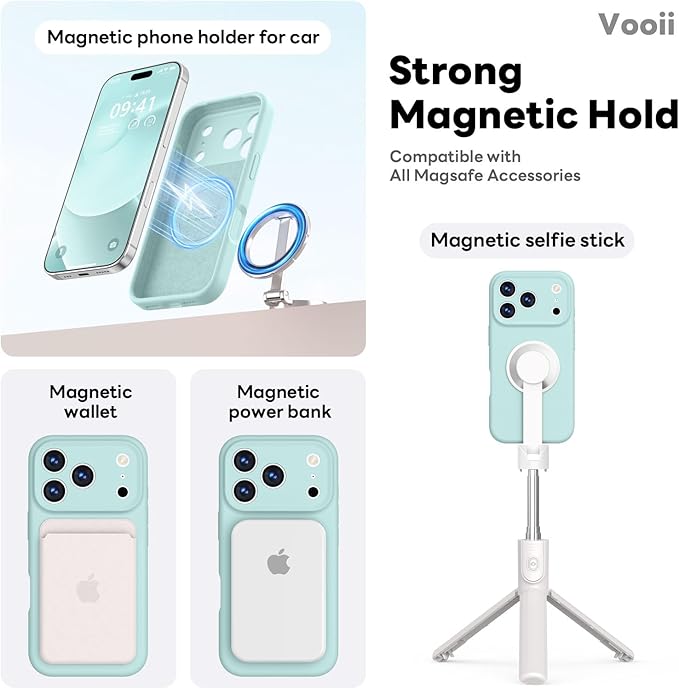 Vooii Magnetic Compatible with iPhone 17 Pro Max Case (Compatible with Magsafe) (Upgraded Camera Protection) Liquid Silicone Shockproof Full Body Protective Phone Cover for Women Men, Mint, 6.9”