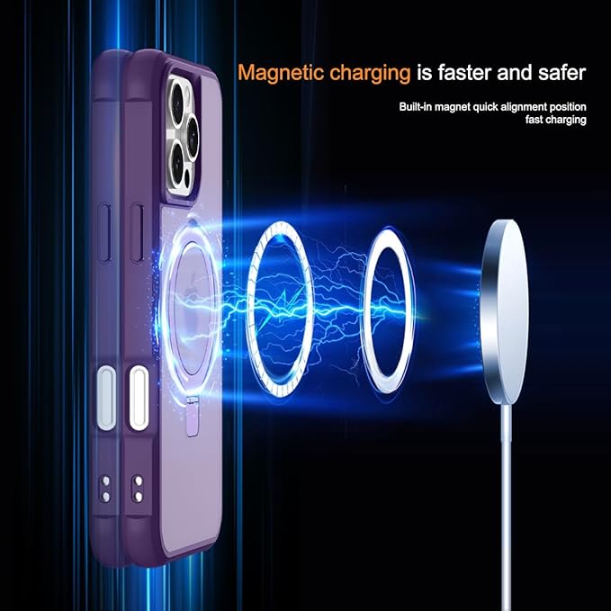 Magnetic Compatible with iPhone 16 Pro Case with Stand [Military Grade Drop Tested][Compatible with Magnet] Ring Translucent Slim Hard Back Soft Edge, Purple