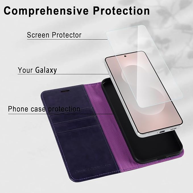 MONASAY Wallet Case Fit for Samsung Galaxy S25 Edge 5G，[Lens & Glass Screen Protector] [RFID Blocking] Flip Folio Leather Cell Phone Cover with Credit Card Holder, 6.7 inch, Purple
