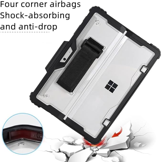 Clear Case for Microsoft Surface Go 4 (2023)/ Surface Go3/Go2/Go, Rugged Hard Shell Cover with Shoulder Strap & Hand Strap&Stylus Pen Holder, Compatible with Type Cover Keyboard (Black)